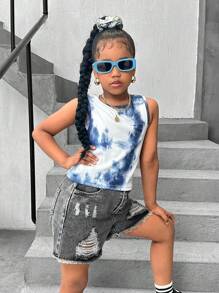 SHEIN Explorewe 2pcs Tween Girl Street Style Shorts And Top Outfit - Grey - View 1