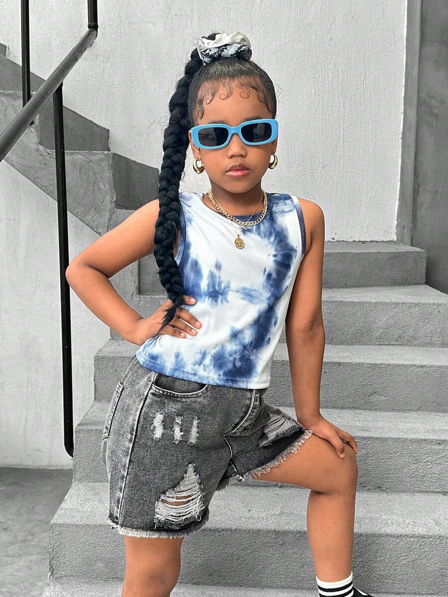 SHEIN Explorewe 2pcs Tween Girl Street Style Shorts And Top Outfit - Grey - View 1