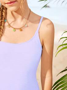 Traje de baño de una sola pieza para chica preadolescente con escote asimétrico en unicolor para vacaciones de verano en la playa