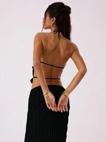 MUSERA Top halter estilo bohemio para salir, top corto con cuello alto fruncido, verano vacacional Ibiza