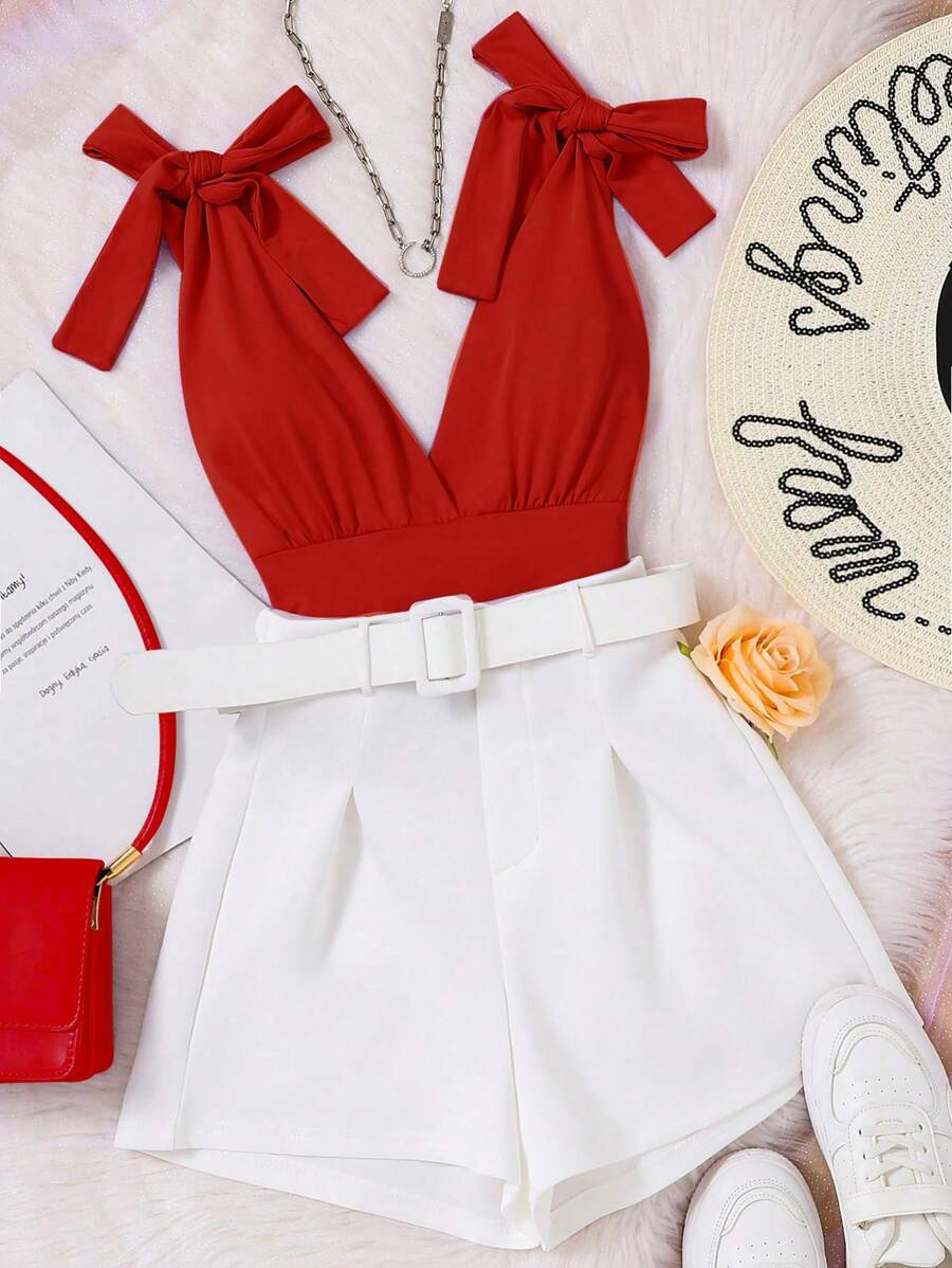 Women's Solid Color Simple Daily Outfit, Short-Sleeved Top And Shorts Set For New Year Clothes - Red - View 1