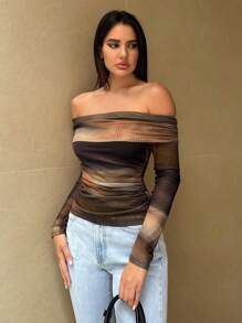 SHEIN Essnce Áo thun nữ Meralad, thiết kế hở vai có cổ lớn dài tay phối lưới hàng đầu mùa hè Top ống buộc dây - Nhiều màu - Xem 3