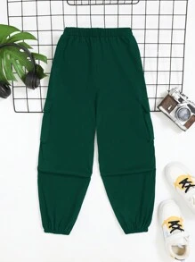 SHEIN Tween Boy Flap Pocket Side Cargo Pants - Green - View 7