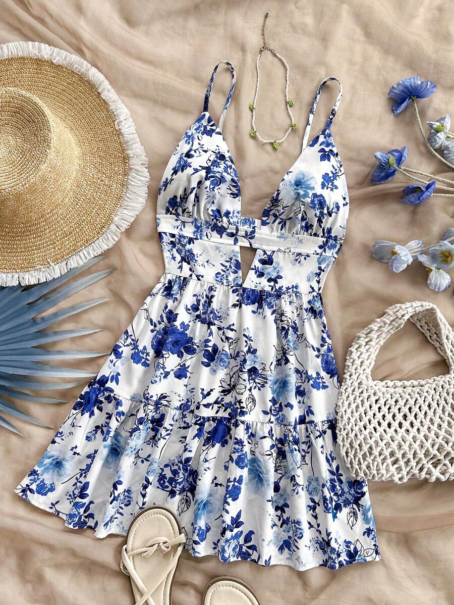 Soleia 假日細肩帶V領中空露背花朵裝飾洋裝 - 藍白色 - 查看 1