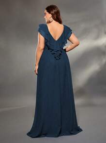 V-Neck Double-Layer Ruffled Chiffon Dress - Navy Blue - View 2