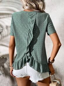 SHEIN LUNE Camiseta de verano para mujeres con dobladillo de volantes y textura unicolor de color