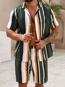 Manfinity RSRT Men's Casual Color Block Striped Short Sleeve Shirt And Shorts Set, Going Out - Multicolor - View 5