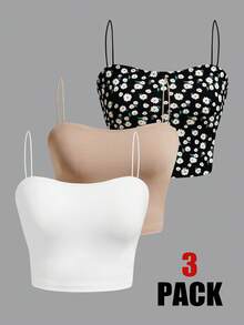 SHEIN EZwear Ensemble de 3 pièces Camisole d'été pour femme, décontracté et tout assorti, couleur unie et motif floral dispersé - Multicolore - Voir 3
