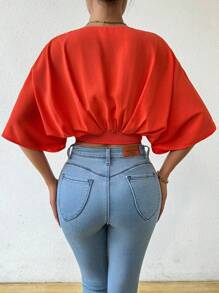BamGleam Áo sơ mi thắt eo cổ chữ V sâu màu trơn mùa hè - trái cam - Xem 2