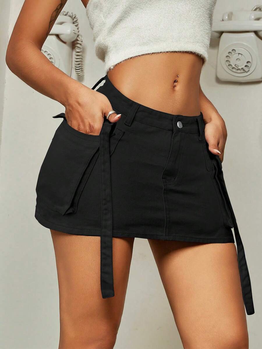 Y2K Street Solid Flap Pocket Tape Detail Cargo Denim Mini Skirt Summer Hottie Outfit Vestidos Cortos Elegantes - 黑色 - 查看 1