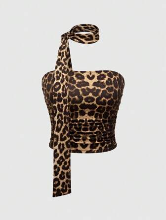 Grunge Punk Top corto sin tirantes con pliegues estrechos y estampado total de leopardo para mujer en estilo Y2K Gyaru
