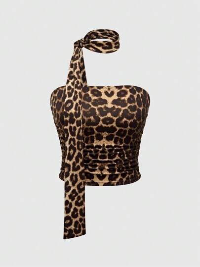 ROMWE Grunge Punk Top corto sin tirantes con pliegues estrechos y estampado total de leopardo para mujer en estilo Y2K Gyaru