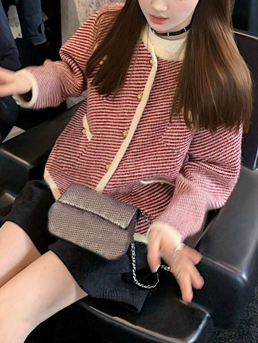 女士复古罗纹针织开衫 - 紅色 - 查看 1