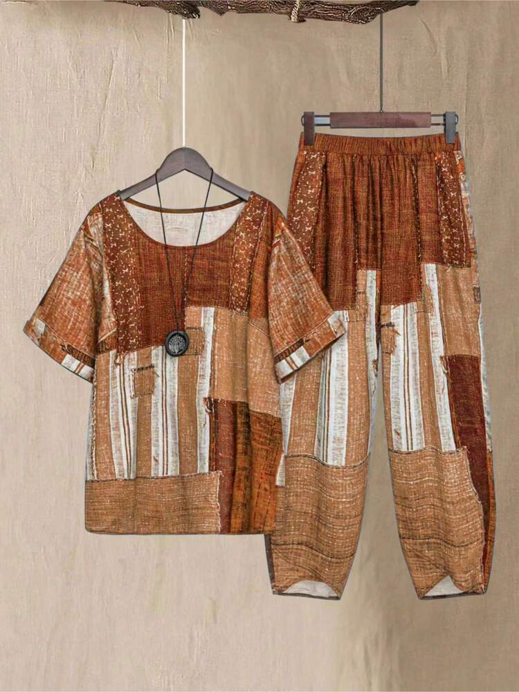 Plus Size Blue Shirt And Pants Set For Summer