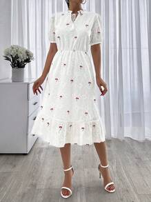 SHEIN Cottnline Floral Embroidery Short Sleeve Dress - White - View 5
