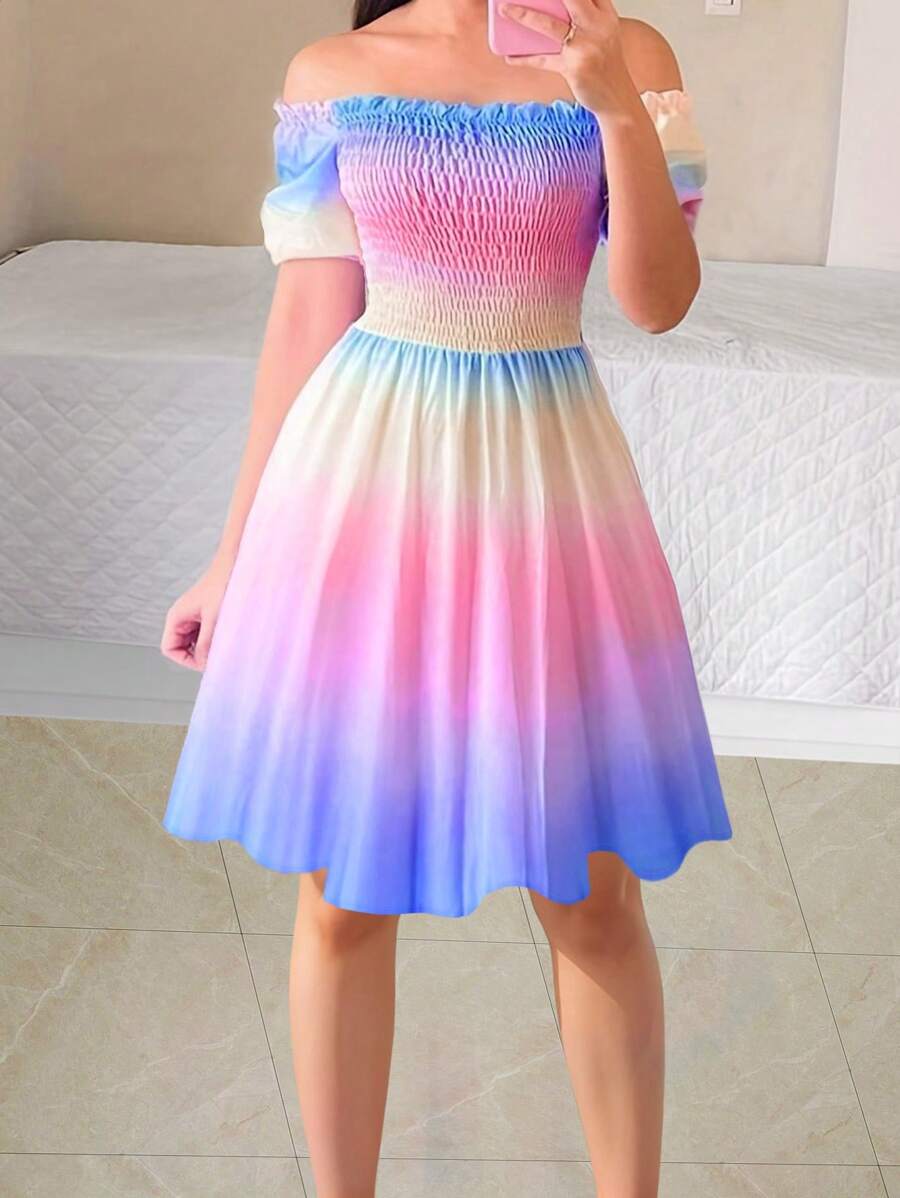 Fashionable Ombre Off-Shoulder Short Bodycon Dress - Multicolor - View 1
