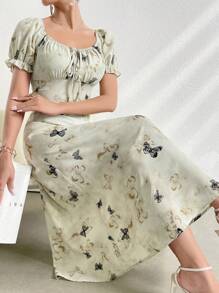 Mulvari 女士休閒短袖泡泡袖蝴蝶印花連衣裙，隨機設計