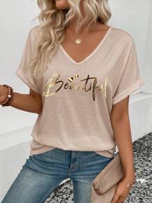 INAWLY 夏季休闲时尚V领字母印花女式T恤图案T恤女式上衣 - 彩色 - 查看 5