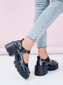 ROMWE Kawaii Giày nữ đế bệt Mary Jane có họa tiết dây chuyền, phong cách Punk - màu đen - Xem 3