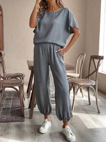 SHEIN LUNE Damen Sommer Outfit aus loser Leinen Bluse und Haremshose Zweiteiler - Grau - Übersicht 1