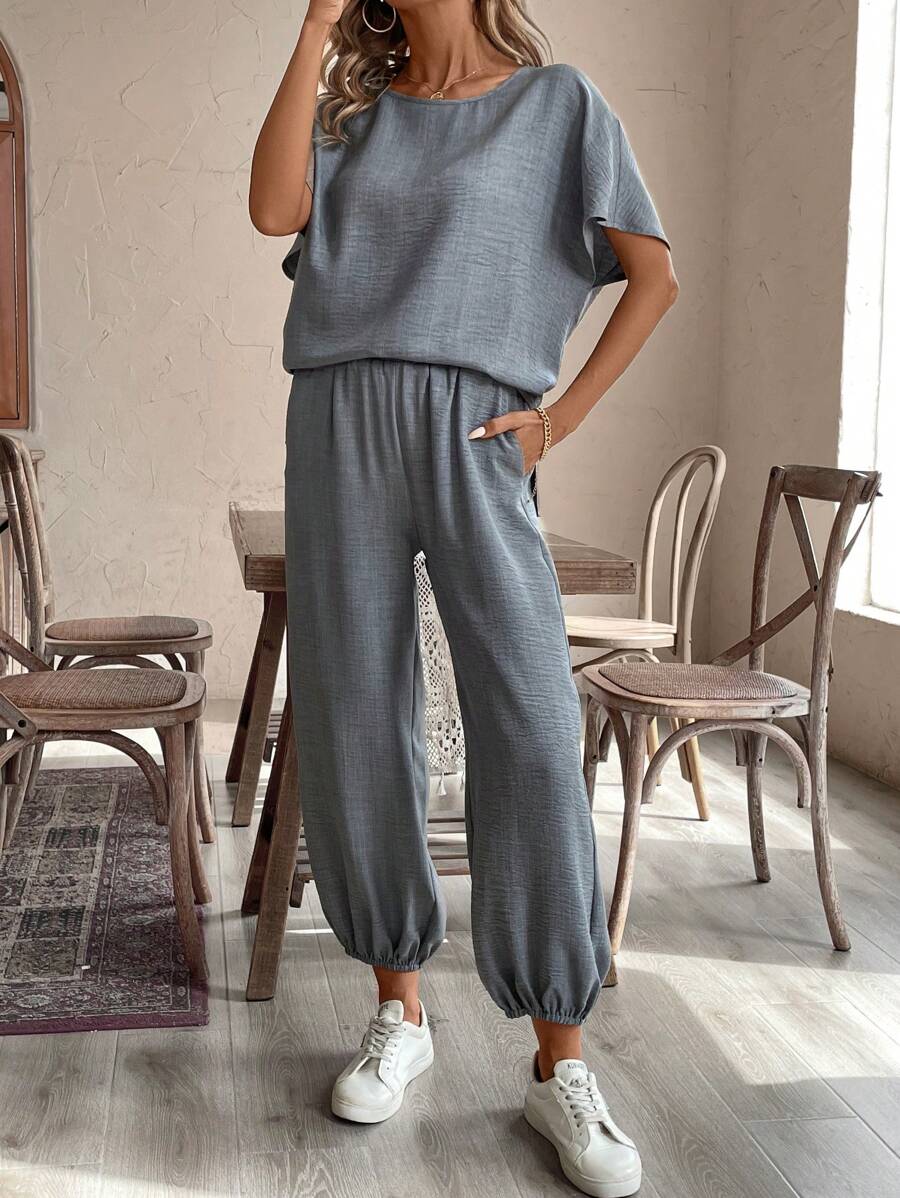 SHEIN LUNE Damen Sommer Outfit aus loser Leinen Bluse und Haremshose Zweiteiler - Grau - Übersicht 1