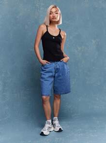 MISSGUIDED Logo Ribbed Spaghetti Strap Tank Top - Black - View 4