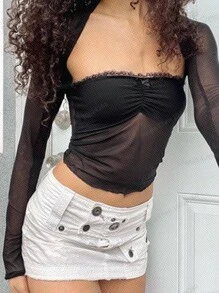 SHEIN EZwear Women's Summer Fashionable Black Mesh Slim Fit Cropped Top - Black - View 5