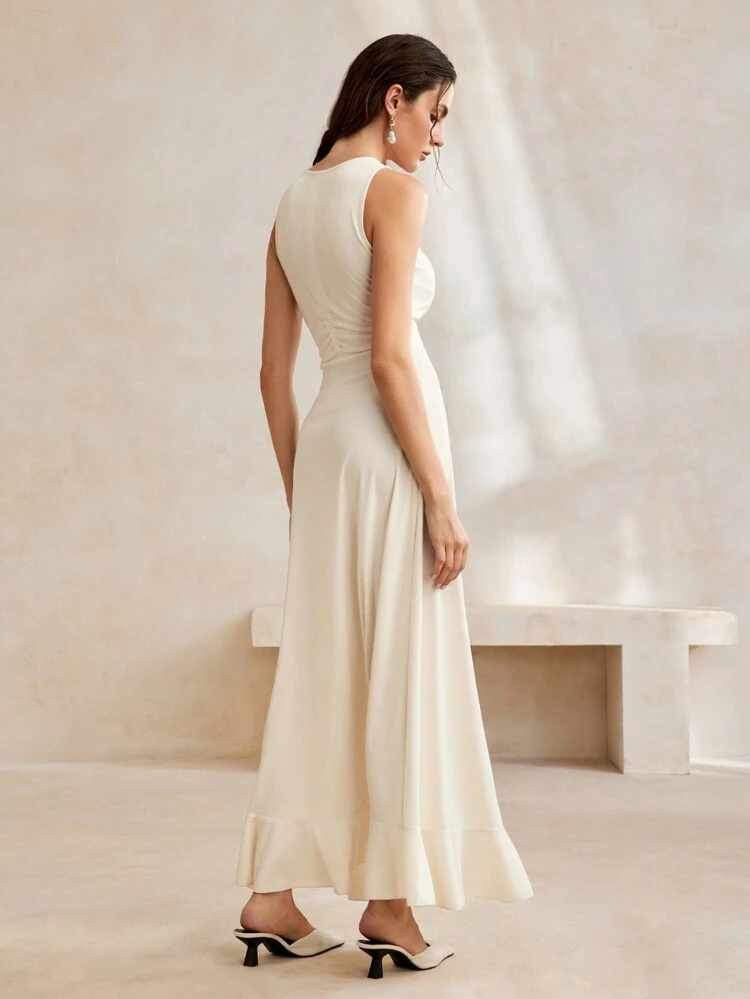 Korean Style Plain Halter Neck Sexy Pleated Design Ruffled Trim Dress, Evening Gown