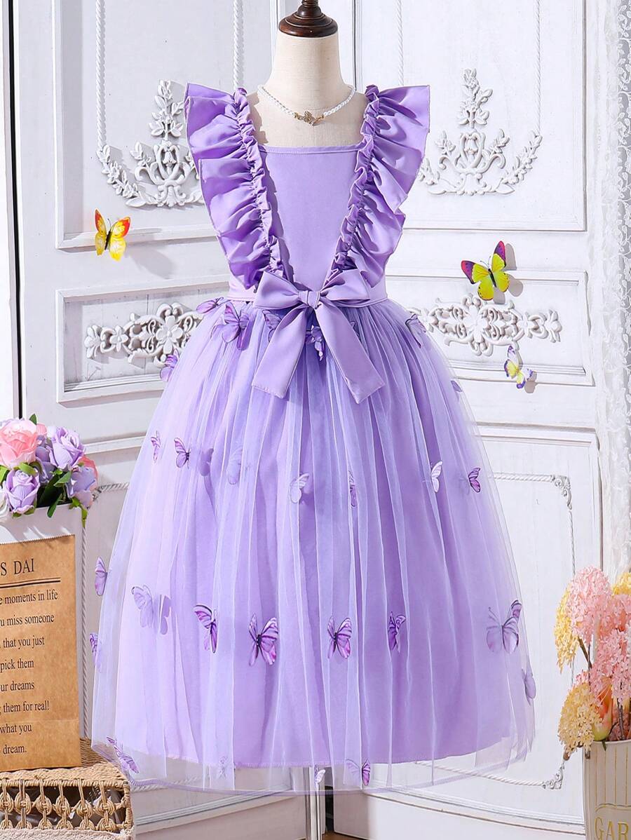 SHEIN 青少女蝴蝶3D蕾絲優雅甜美精緻連衣裙 - 紫色 - 查看 1
