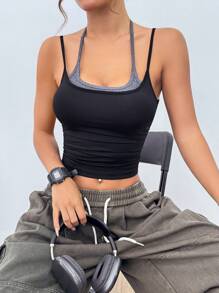 Gameset SHEIN Sport Contrasting Colors Pleated Summer Sports Camisole - Black and White - View 5