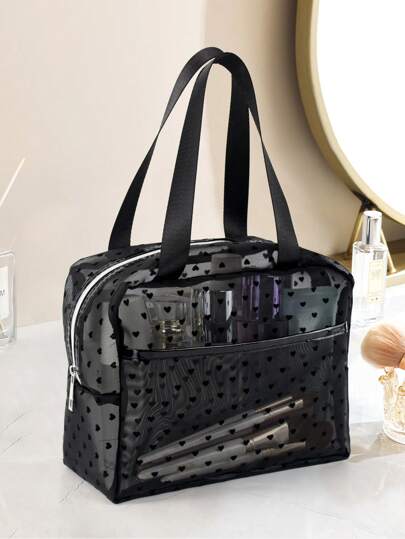 Maryam Alam 艺术家大容量网眼化妆包带心形手柄，便携式收纳袋，节日，爱情情人节