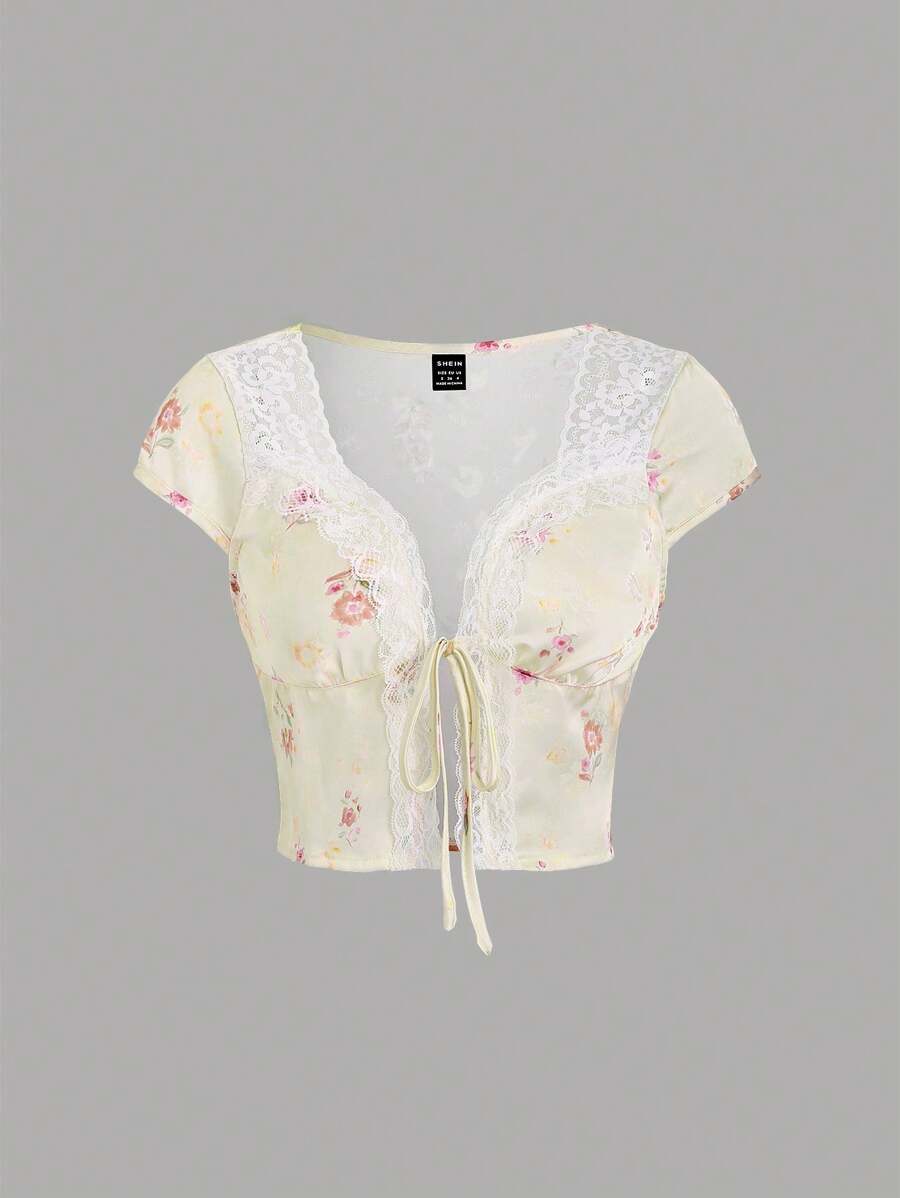 Sweetra 女士夏季對比蕾絲鬱金香緞子背心上衣，前扣帶 - 黃色 - 查看 1