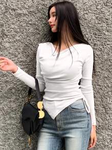 DAZY 女士實色側面束繩不規則圓領長袖T卹，在春夏穿著非常適合 - 白色 - 查看 3