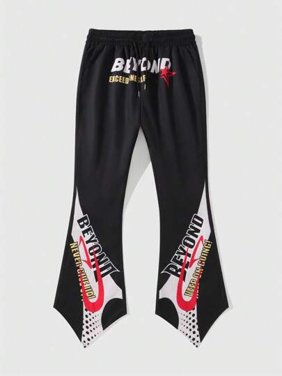 Street Life Men's Drawstring Waist Letter Print Casual Flared Pants