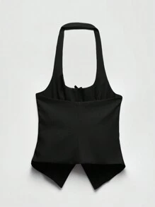 SHEIN EZwear Áo yếm không tay cổ nơ màu trơn dành cho nữ - màu đen - Xem 2