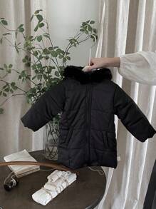 Baby Girl Black Stylish Mid-Length Jacket With Matching Handkerchief, Autumn/Winter