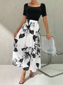 SHEIN Privé 女士夏季 A 字形花卉印花中长连衣裙，方形领口，适合日常穿着，优雅浪漫度假，海滩派对，音乐节，婚礼 夏威夷连衣裙 教师连衣裙 早午餐装 休闲女装 教师连衣裙 90 年代时尚 返校服装 巡航女装 女士复古服装 - 黑與白 - 查看 6