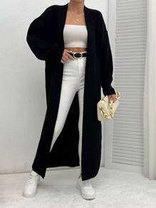 EURMUSE Dual Pocket Drop Shoulder Open Front Black Sweater Cardigan - Black - View 6