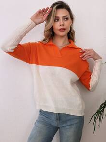 拼色立領套頭長袖休閒毛衣