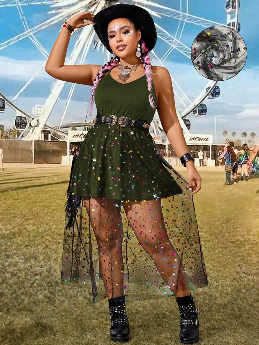 Flirla Plus Size Summer Music Festival Polka Dot Mesh Splice Cami Dress - Army Green - View 1