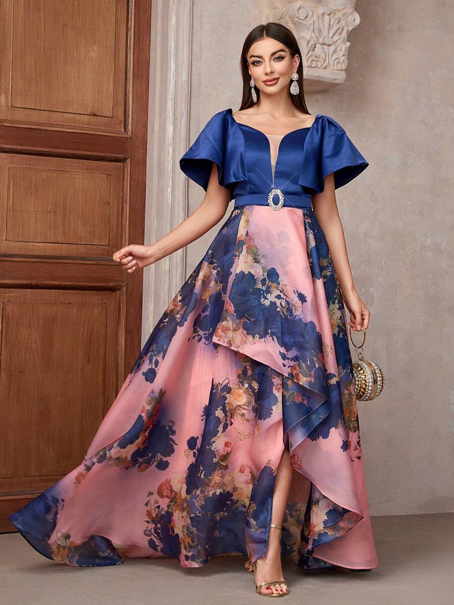 Vestido maxi de dama de honor con estampado floral, escote de corazón y mangas cortas con volantes, vestido elegante