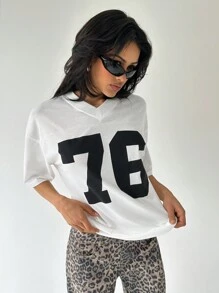 SHEIN EZwear Loose Fit V-Neck T-Shirt With Team Print - White - View 6