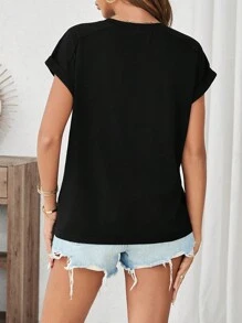 SHEIN LUNE Áo thun ngắn tay cổ tròn in hình nơ mùa hè dành cho nữ - màu đen - Xem 2