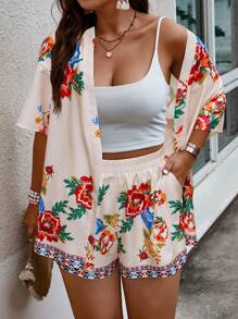 SHEIN Holidaya 女裝大碼休閒2件套裝-隨機花卉印花和服風短袖開衫上衣和短褲 - 杏色 - 查看 1