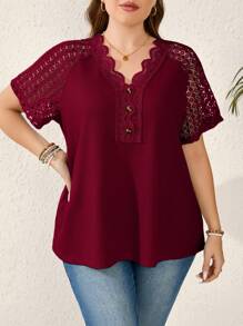 Rosumi 大码女式夏季纯色撞色蕾丝短袖优雅 T 恤