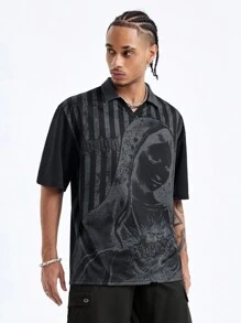 Manfinity VCAY Áo sơ mi polo tay ngắn in kỹ thuật số dáng rộng cho nam, thích hợp cho mùa hè - màu đen - Xem 6