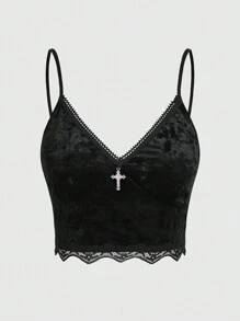 ROMWE Hippie 女士絲絨貼身背心，印有月亮和星星圖案 - 黑色 - 查看 5