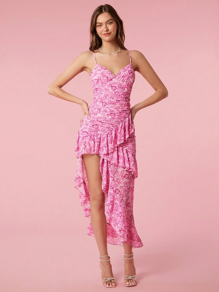 Women's Asymmetrical Hem Ruffle Trimmed Summer Slip Dress