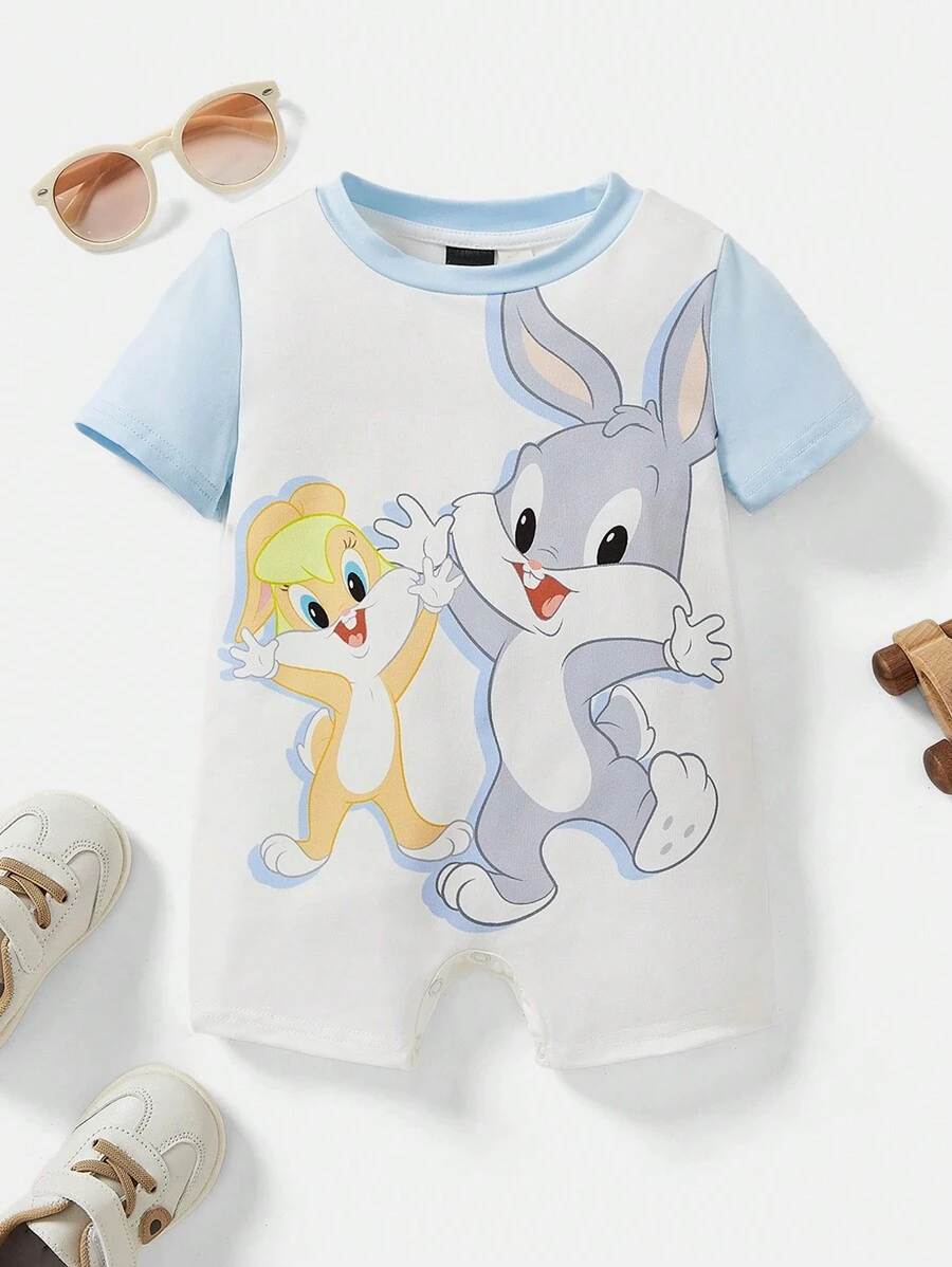 LOONEY TUNES X SHEIN Baby Boy Cartoon Rabbit Printed Contrast Color Casual Comfortable Cute Romper, Rabbit,Summer - Blue and White - View 1