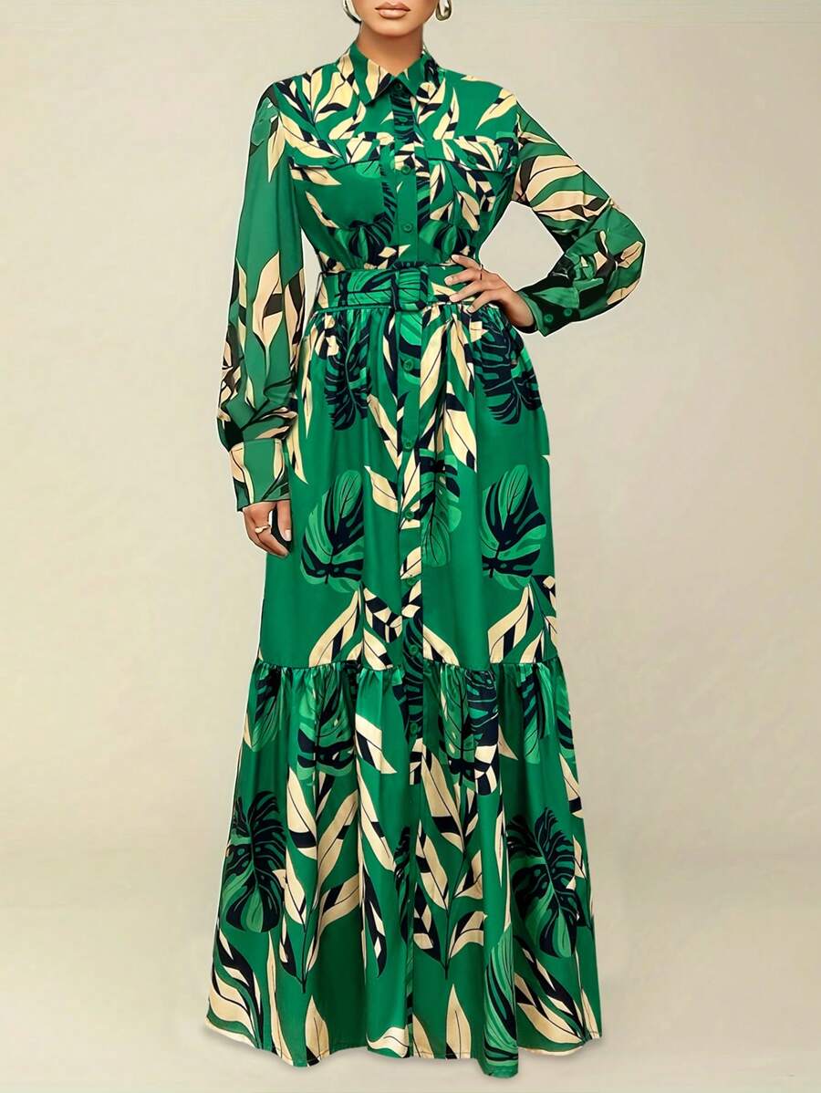 Elegantes, langes Damen-Kleid mit Blattdruck und Gürtel, elegante Reise- und Frühlingslooks, Boho Blumenmuster